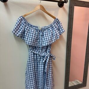 Anthropologie Blue Checkered Off-Shoulder Dress